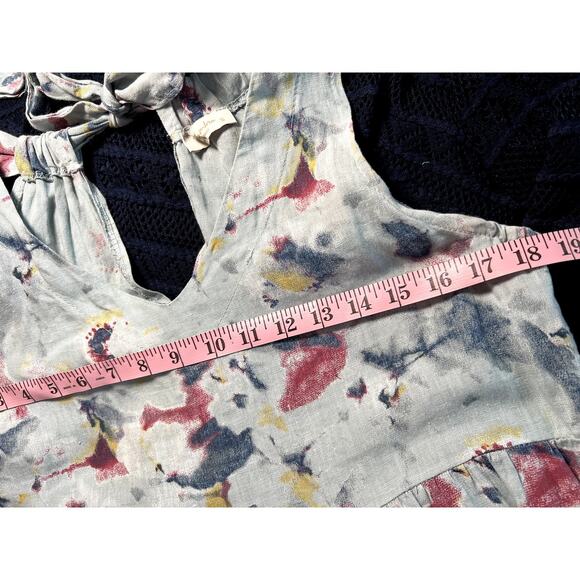 Linen Sun Dress Tie Back V Neck Sz S Blue Abstract Floral Beach Cruise Cottage - Picture 4 of 8